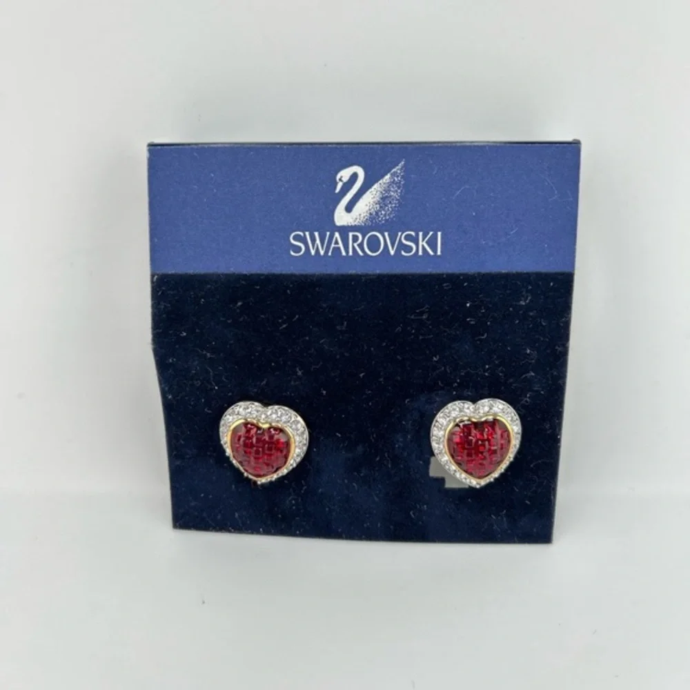 Vintage Women's Swarovski Red & Clear Crystal Curved Heart Clip On Earrings